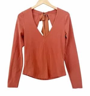 Free People Terracotta Satin Ribbon Tie Back Long Sleeve Top Sz M thumbnail 1