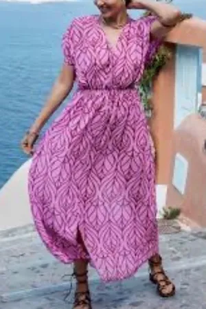 Cupshe‎ NWT Abstract Leaf Print Maxi Dress Maroon Pink V-Neck BeacH XL Boho thumbnail 1