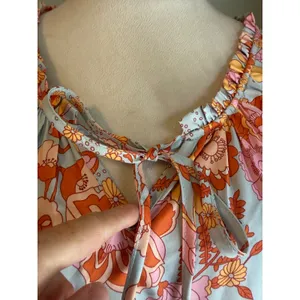 Boho Floral TasselTie Mini Dress Orange Pink Blue Retro boho cottage fairy M NEW thumbnail 2