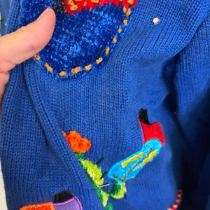 Vintage Western Cactus Cowboy Boot Embroidered Cardigan Blue Chenille Fringe L thumbnail 8