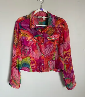 Chico's Multicolor Silk Cropped Button-Up Blouse Sz S thumbnail 1