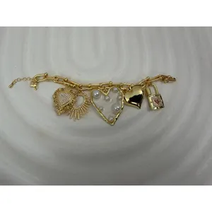 Gold Tone Heart Charm Bracelet Pearl Crystal Paperclip Chain Statement NEW thumbnail 4