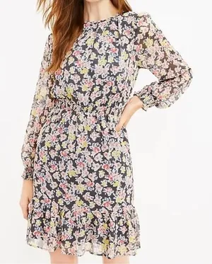 LOFT NWT Floral Print Long Sleeve Ruffle‎ Hem Dress Large Tall thumbnail 1