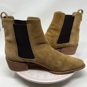 Tory Burch Chelsea Boots Women 10.5 Tan Suede Leather Square Toe Block Heel Pull thumbnail 10