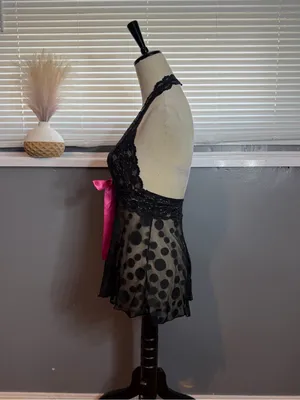 H.O.T. Y2K Black Lace Sheer Polka Dot Babydoll Halter Lingerie Top One Size thumbnail 4
