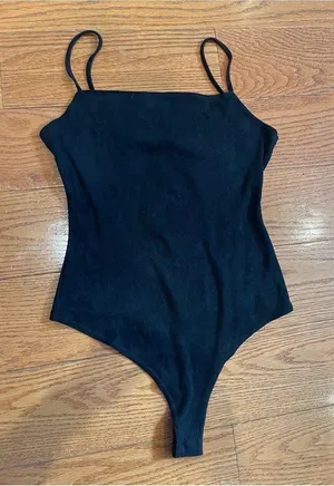 LE LIS Black Ribbed Bodysuit M Minimalist Chic Suede Feel Luxury Basic thumbnail 1