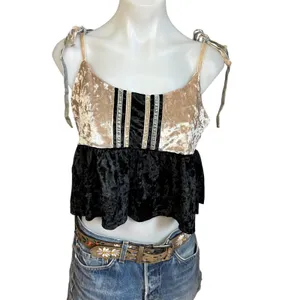 Black Velvet Babydoll Crop Top MEDIUM Ruffle Camisole Dark Romance Going Out NEW thumbnail 4