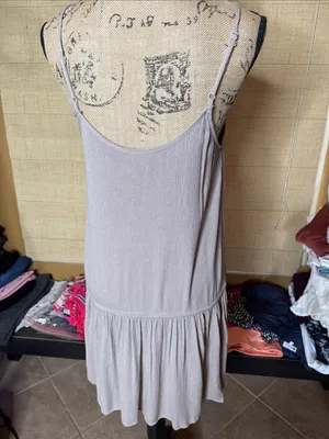 Kori America Embroidered Boho Mini Dress Taupe Aqua Tassels Size Medium thumbnail 6