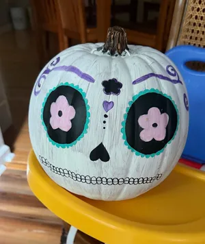 Hand-Painted White Sugar Skull Pumpkin - Day of the Dead Decor thumbnail 1