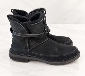 UGG Women Black Suede Shearling Lined Tie Ankle Boots Size 8 thumbnail 1