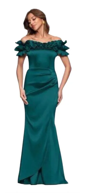 Xscape Hunter Green Off-Shoulder Ruffle Mermaid Formal Gown Size 14 NWT thumbnail 1