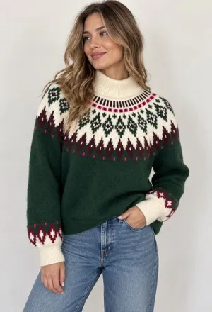 Lands End Green Fair Isle Turtleneck Sweater Nordic Après Ski Christmas Winter S thumbnail 1