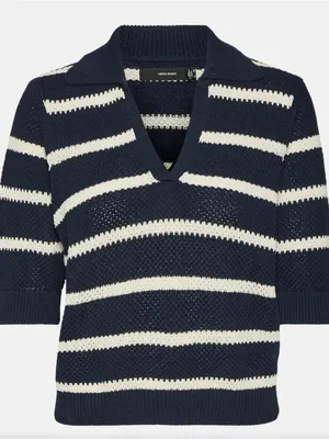 NEW Vero Moda VMamazing Navy & Cream Striped V-Neck Polo crop Sweater women’s XL thumbnail 1