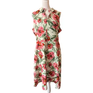Tahari Floral Midi Dress Womens 12 Pink New Sleeveless Linen Blend Collared‎ thumbnail 2