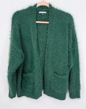 American Eagle Cardigan Women XS Green Fuzzy Knit Open Pockets Cozy Oversized thumbnail 1