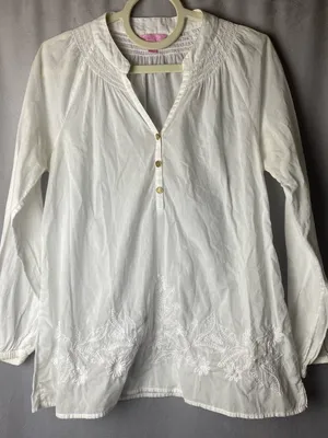 Lilly Pulitzer Boho Cotton Embroidered Vacation White Long-Sleeve Tunic Top S thumbnail 1