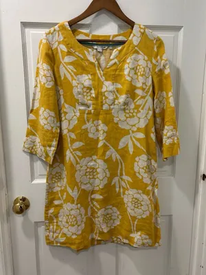 Boden Women’s 100% Linen Shift Dress Size 6R Yellow/White Floral Resortwear thumbnail 1