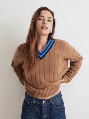Madewell Tipped V-Neck Oversized Wool Blend Sweater XS Heather Caramel Blue thumbnail 1