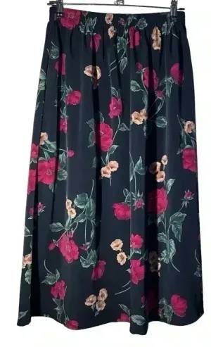 JOANNA black A line floral printed skirt pull on elastics waist size medium thumbnail 1