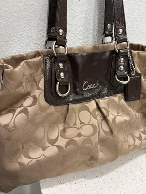 Coach Ashley Signature Sateen Carryall Satchel Bag F15510 Khaki Brown Leather⁠ thumbnail 2