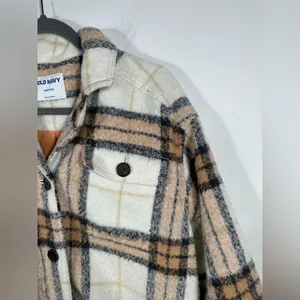 Old Navy Plaid Sherpa Jacket Petite Small Button Front Coat Tan Cream Black Warm thumbnail 4