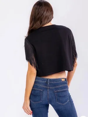 Main Strip WOMEN'S SHORT FRINGE SLEEVE CROP TOP IN BLACK GRAPHIC SHIRT SZ-Large thumbnail 5