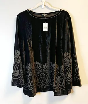 The Limited Blouse Black Velour/ Velvet Burnout Floral Peony w/ Bead Trim XL NWT thumbnail 4
