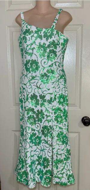 Jovani Size 10 Green And White Floral Full Length Sequin Prom Homecoming Straps thumbnail 1