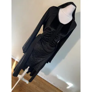 Gothic Hooded Maxi Dress Black Velvet Bell Sleeve Medieval Witchy Gown M/L thumbnail 5