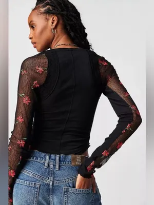 Free People Jolie Thermal Top XS Black Floral Mesh Lace Long Sleeve Boho thumbnail 2