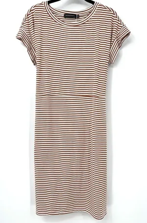 MEROKEETY Striped Sheath T-Shirt Dress M • Brown White • Tie Waist • Summer • NW thumbnail 1