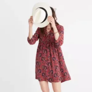 Madewell Size Large 100% Silk Assam Floral Babydoll Dress LaceUp Fall Rust Print thumbnail 2