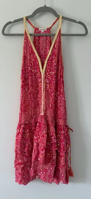 Poupette St. Barth Pink Yellow Betty Floral Sleeveless Tiered Ruffle Mini Dress thumbnail 1