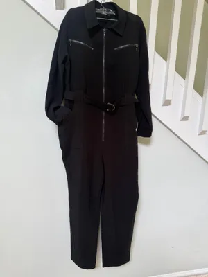 Findi Women's Black Long-Sleeve Zip Front Jumpsuit with Waist Tie thumbnail 6