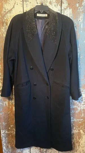 Donnybrook Vintage Black Double-breasted Long Wool Coat Paisley Velvet Collar 12 thumbnail 1