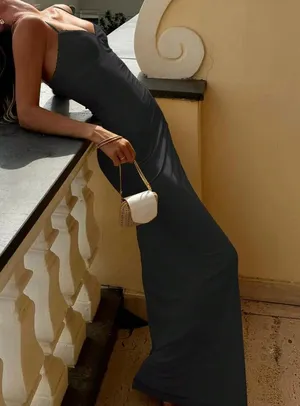 Premium Grey & Black Minimalist Spaghetti Strap Bodycon Maxi Dress thumbnail 2