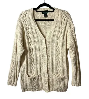 Lauren Ralph Lauren Cardigan Sweater Cable Knit Fisherman pockets women's medium thumbnail 1