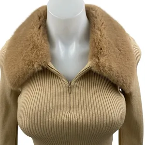 Zara Women's Brown Rib Knit Faux Fur Collar Long Sleeve Crop Sweater Top Size M thumbnail 3