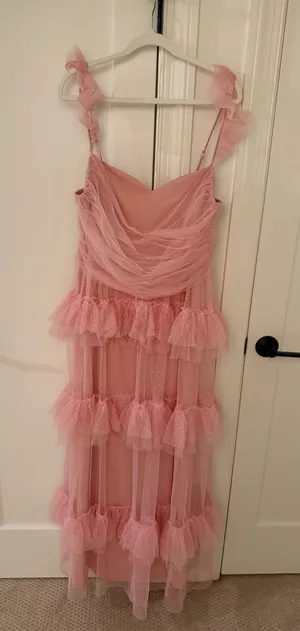 Lulus Pure Radiance Pink Mesh Swiss Dot Tiered Maxi Dress thumbnail 1