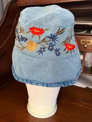 Vintage 90s Blue Denim Cotton Floral Embroidered Bucket Hat Boho Cottage thumbnail 4