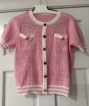 Women’s Pink Short-Sleeve Knit Cardigan with White Trim Gold Buttons thumbnail 1