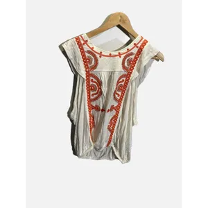 Free People Embroidered Blouse Womens XS White‎ Orange Boho Gauze Bubble Hem Top thumbnail 3