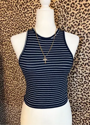 Hollister Navy and White Striped Ribbed Crop Tank thumbnail 1