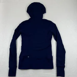 Lululemon Reversible Navy Blue Hooded‎ Zip Up Athletic Jacket Thumbholes Size 10 thumbnail 6