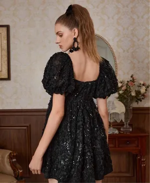 SHEIN MOD Square Neck Puff Sleeve A-line Dress thumbnail 2