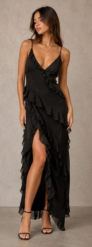 Abercrombie & Fitch Womens Maxi Dress ST Black Ruffle Front High Slit V-Neck thumbnail 1
