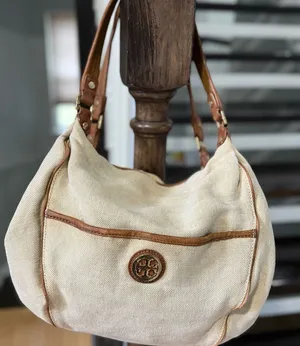Tory Burch Shoulder Bag Canvas Leather Gold Logo Handbag Ladies Natural/Brown thumbnail 1