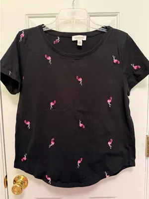 Vintage‎ America Black Flamingo Embroidered Tee Shirt Small Cute Novelty Top thumbnail 2