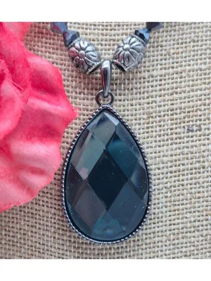 Artisan Black Green Bead & Faux Paper Bead Collar Teardrop Pendant Necklace 16" thumbnail 2