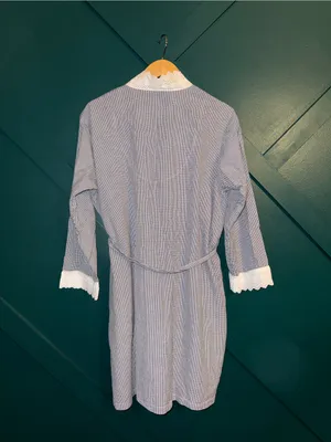 Eileen West Blue Gingham Cotton Robe White Lace Trim Tie Waist Cover Up thumbnail 3